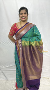 Vriksham Teal Green With Purple Border & Silver Zari Detailing Minakari Work Kanchi Silk Saree-VS4783